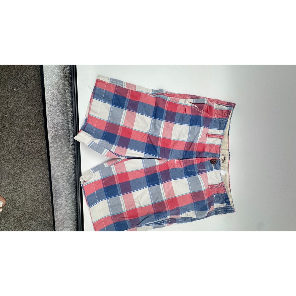 Hollister Mens Plaid Flat Front Shorts Red White Blue Casual Preppy Size 30